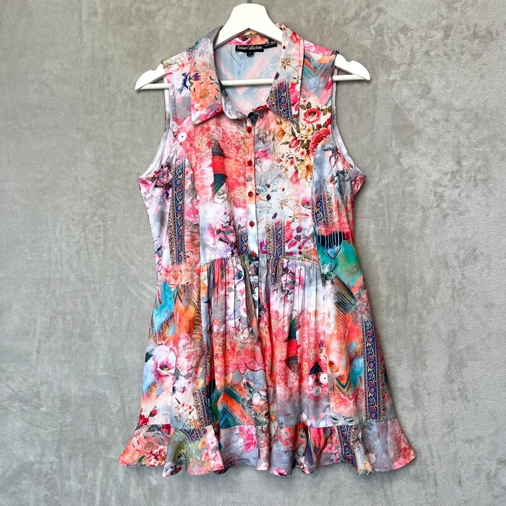 Tolani Collection Tunic S Dress Sleeveless Collared Button Down Floral Patchwork